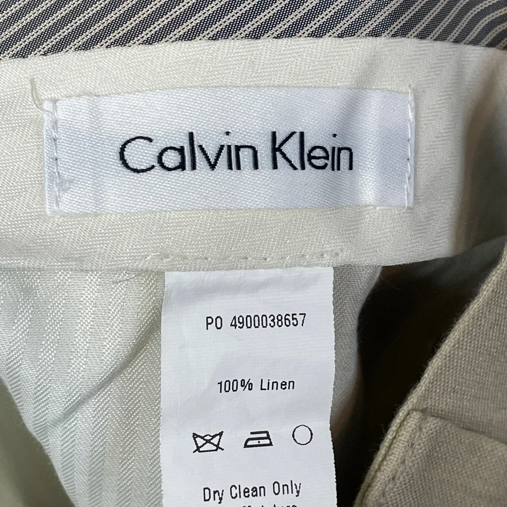 Calvin Klein Pants Mens Size 36 100%‎ Linen Beige Tan Flat Front Chino Trousers